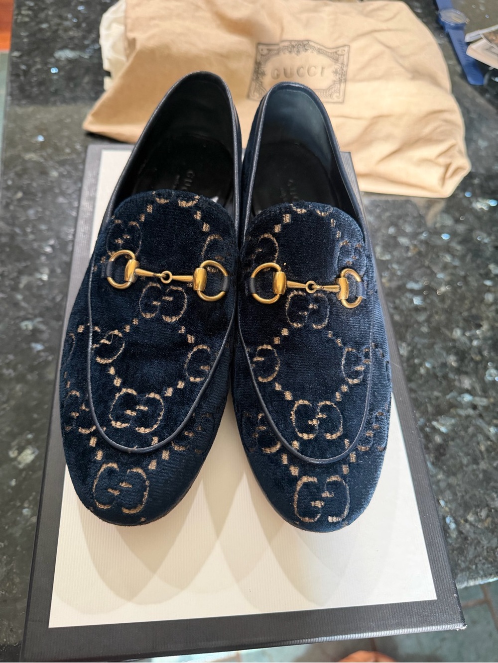 Gucci Women's Jordaan Navy Velvet Horsebit Loafers